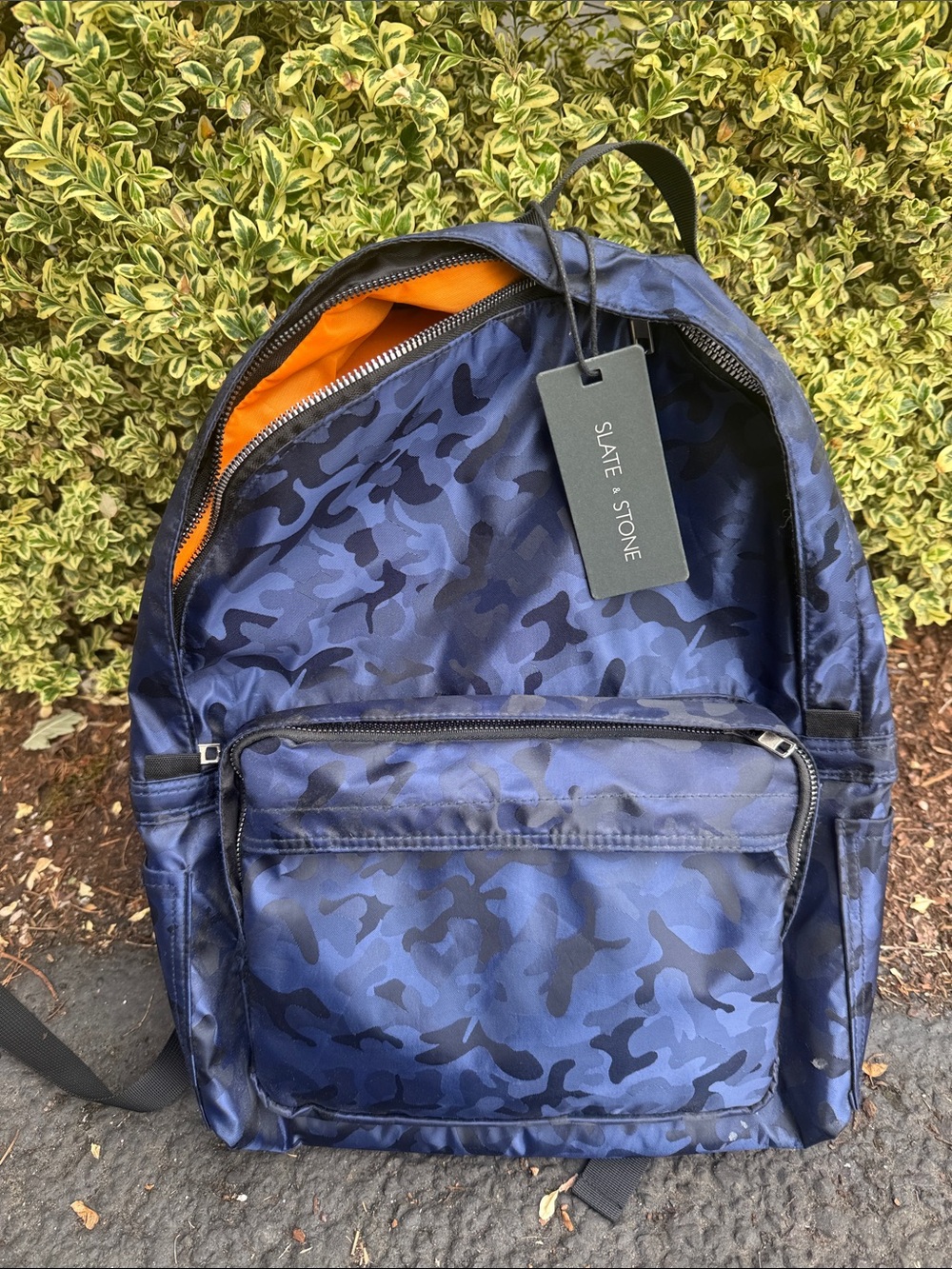 New Slate & Stone Blue Camouflage Backpack with Orange Interior